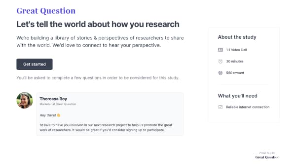 A branded landing page by Great Question inviting participants to join a research panel.