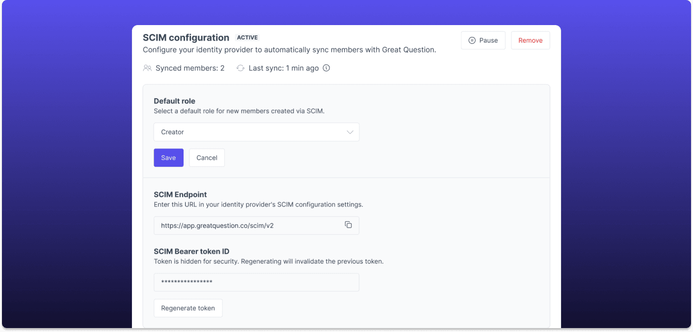 SCIM integration settings in Great Question, connecting an identity provider to provision users automatically