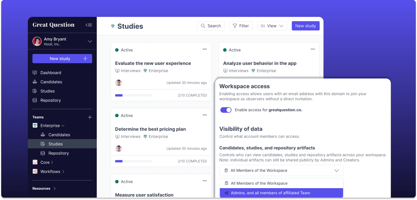 Great Question Teams, with a workspace access panel controlling who can see candidates, studies, and repository artifacts
