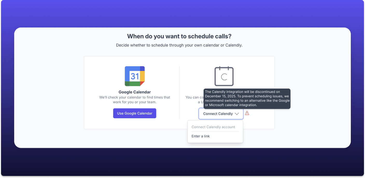 Great Question scheduling setup showing the Google Calendar option beside a Calendly connection marked for discontinuation on December 15, 2025