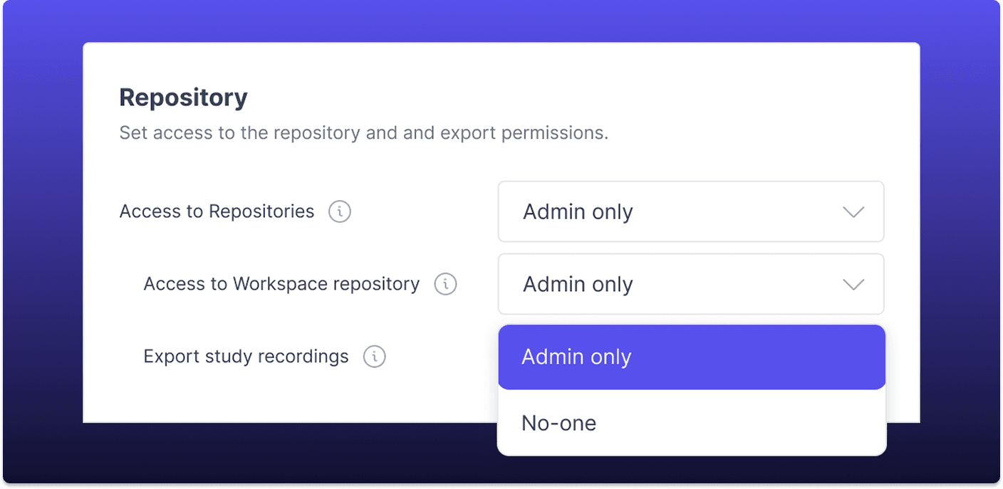Repository permission settings in Great Question, with repository access and study recording exports set to admin only