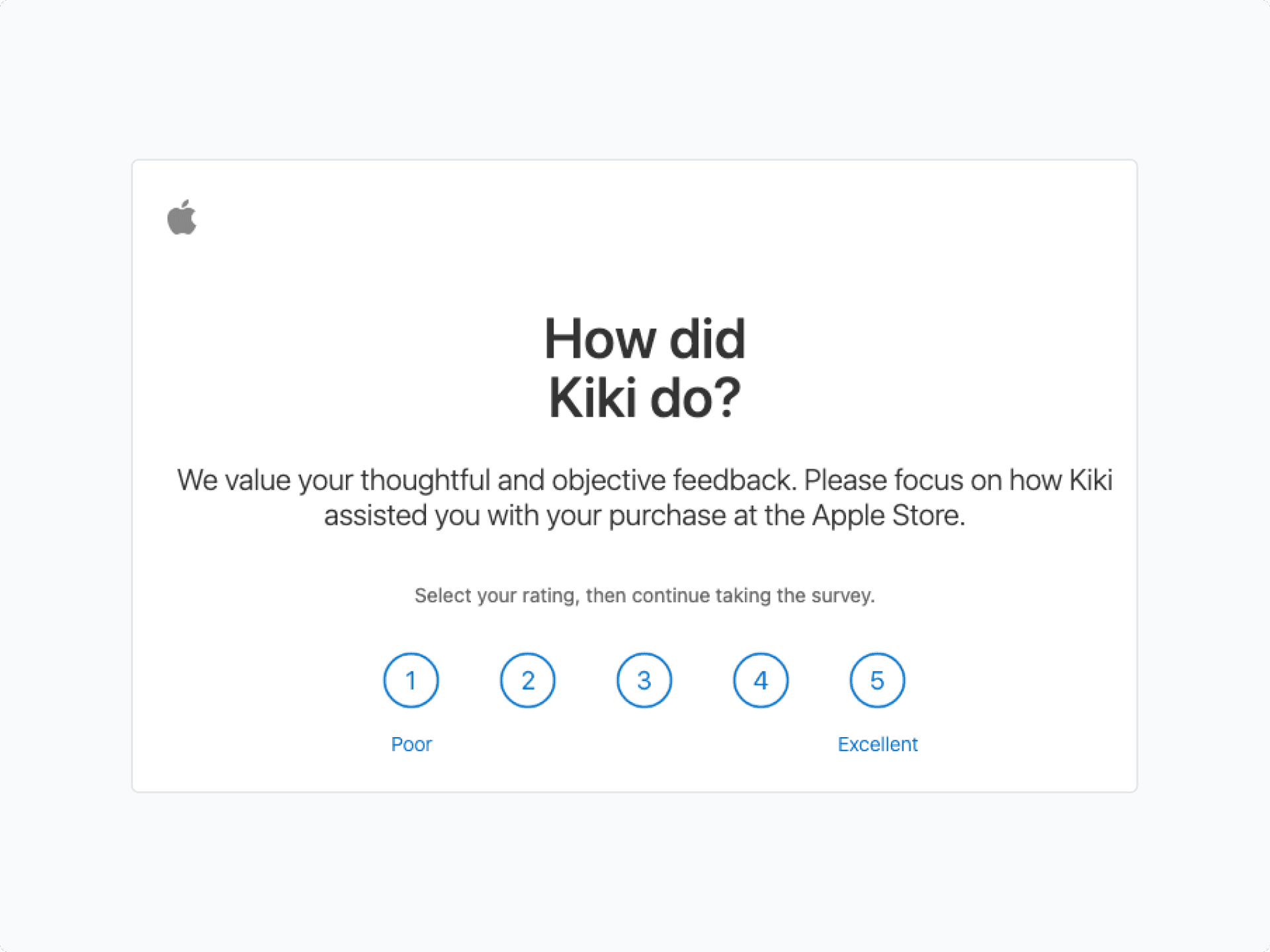 Apple survey email asking How did Kiki do, with a one-to-five rating scale for the named store employee