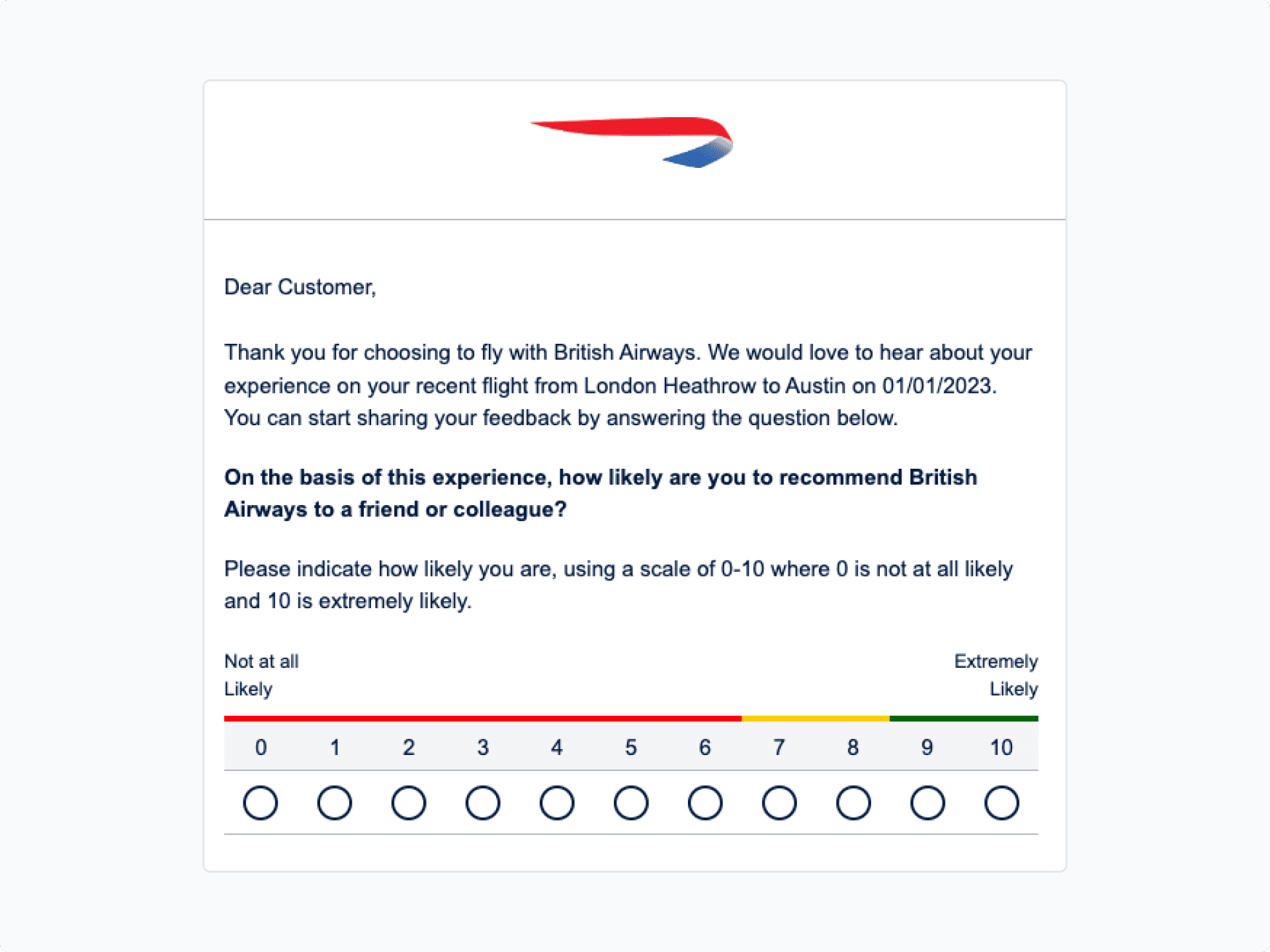 British Airways post-flight feedback email with an embedded 0 to 10 likelihood-to-recommend scale