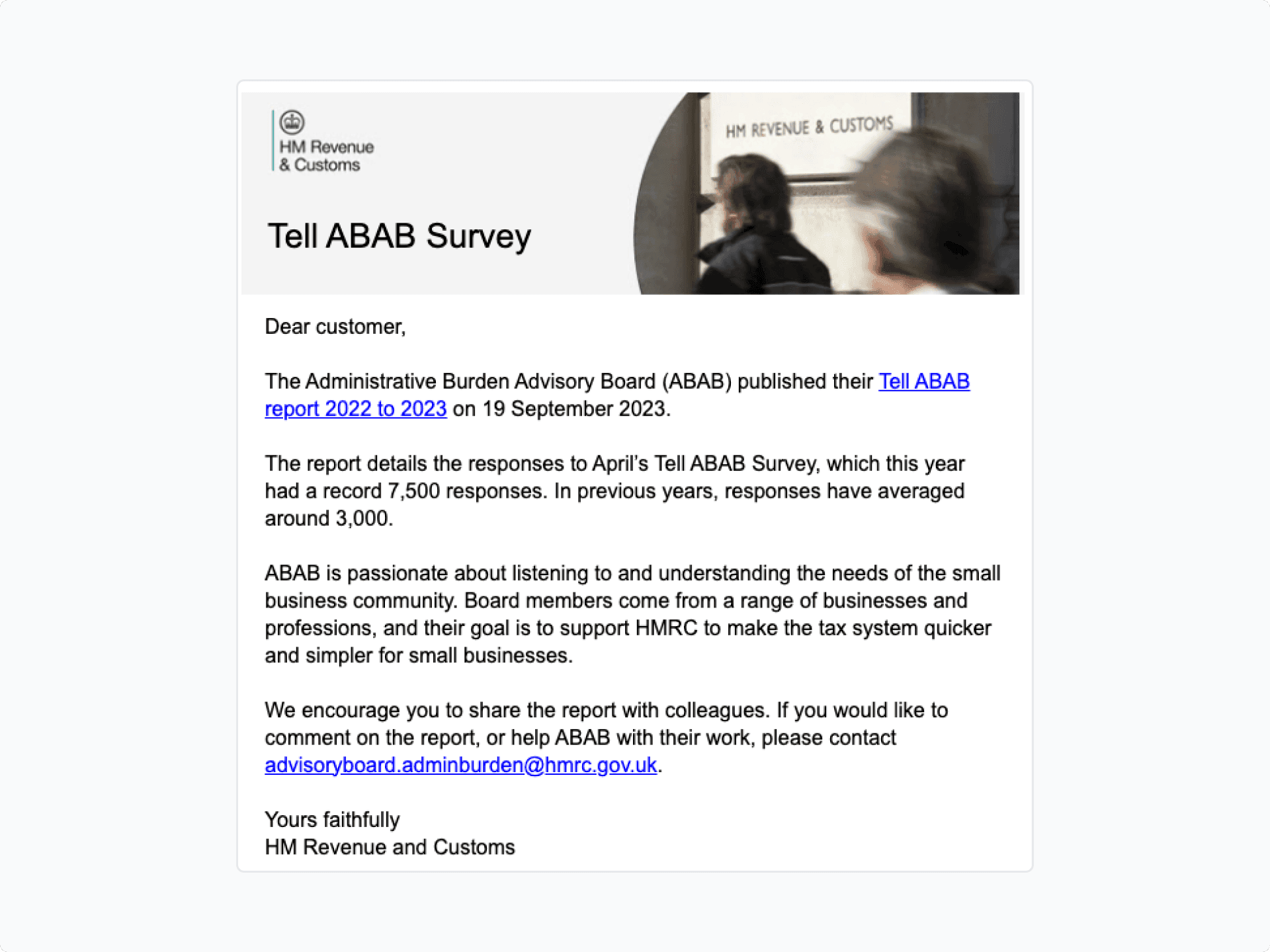 HM Revenue and Customs email sharing the Tell ABAB report back with the people who responded to the survey