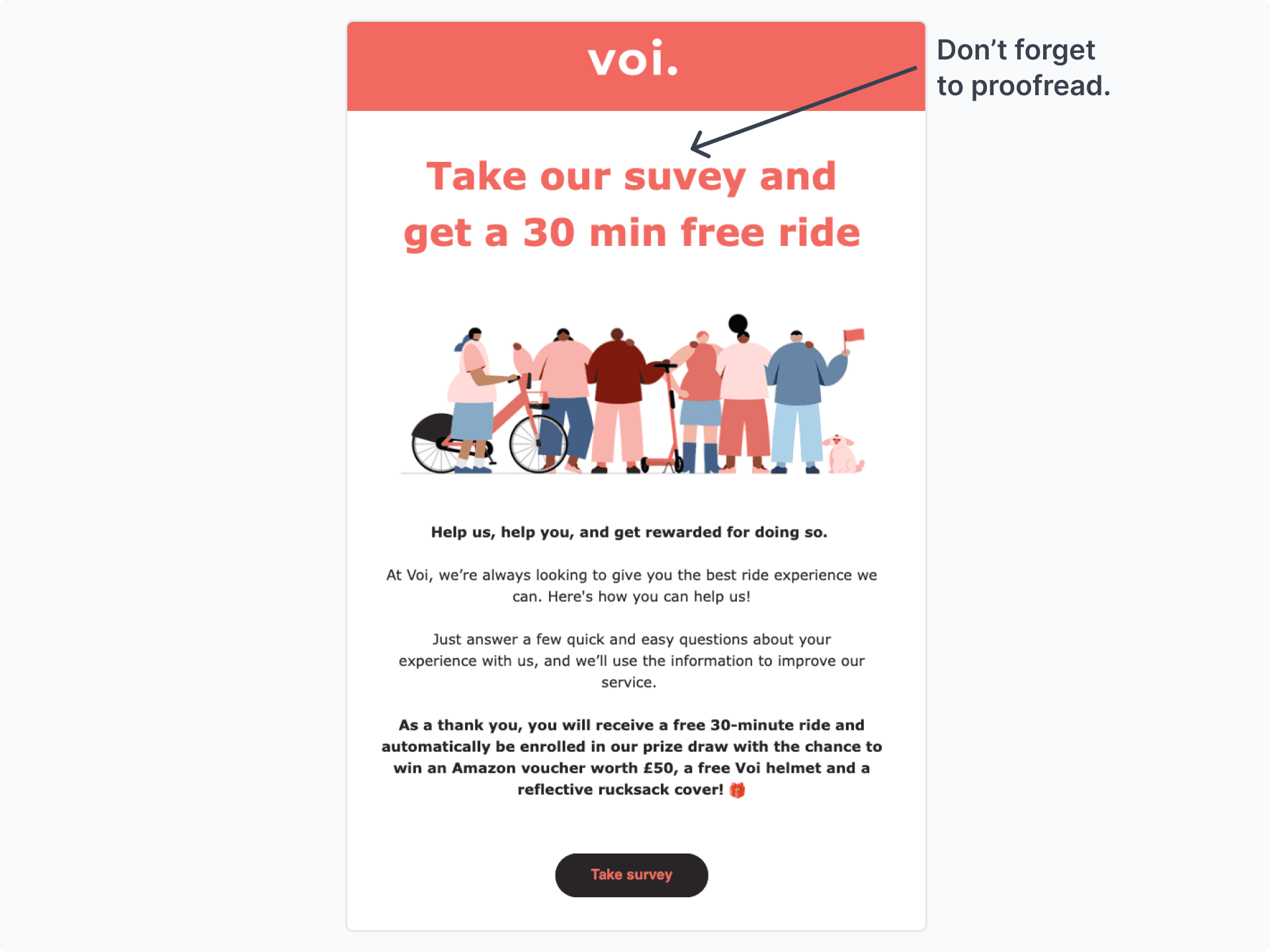 Voi survey email offering a free 30-minute ride and a prize draw for an Amazon voucher, helmet, and rucksack cover
