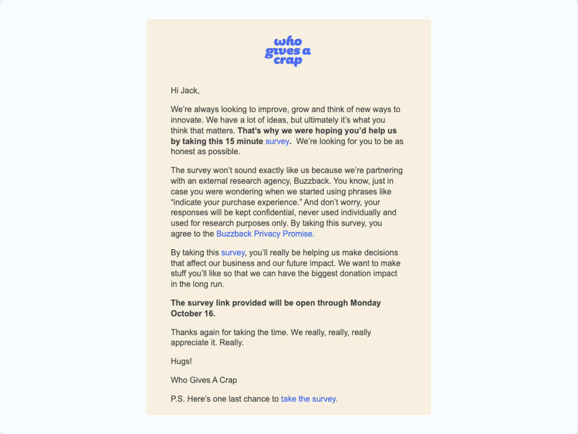 Who Gives A Crap survey invitation email asking customers to help shape decisions that affect the business and its future impact