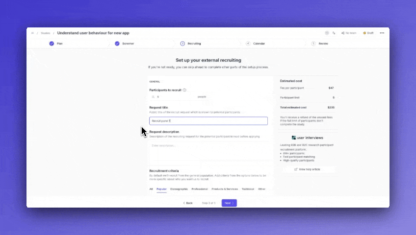 Recruiting participants from User Interviews’ panel directly inside Great Question