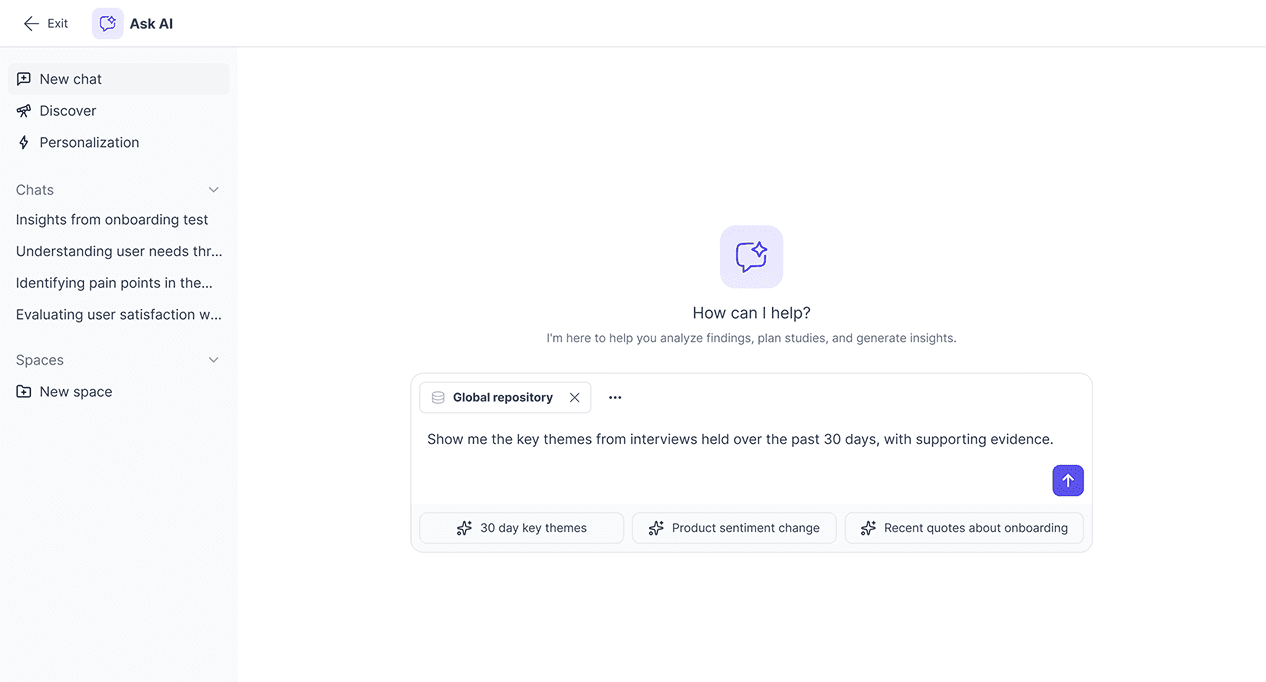 The global Ask AI workspace, with a question scoped to the entire research repository