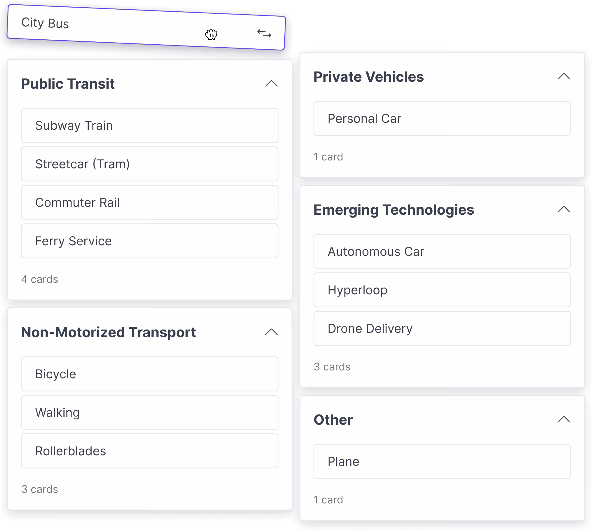 A card sort board with cards grouped into Public Transit, Private Vehicles, Emerging Technologies and Non-Motorized Transport