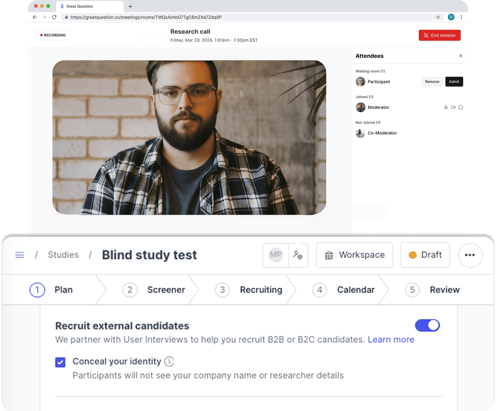 A concealed research call, its attendees listed as Participant, Moderator and Co-Moderator, over the study builder with Conceal your identity ticked