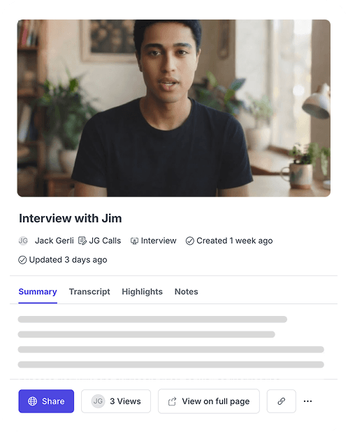 An interview session card with summary, transcript, highlights, and notes tabs.