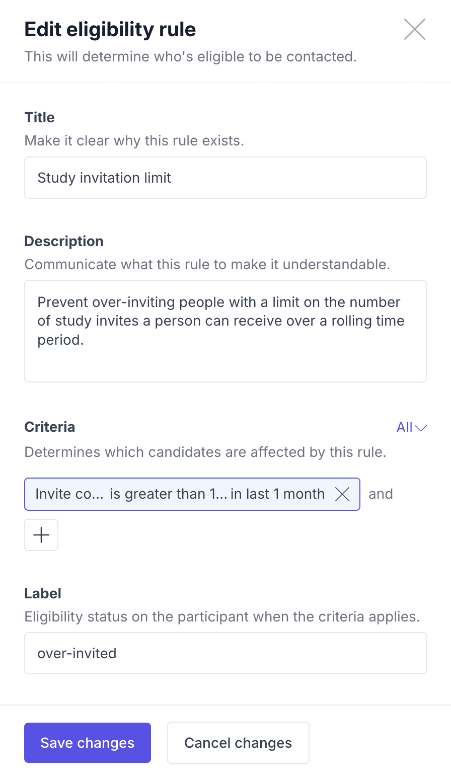 The Edit eligibility rule dialog limiting how many study invites a person can receive per month.