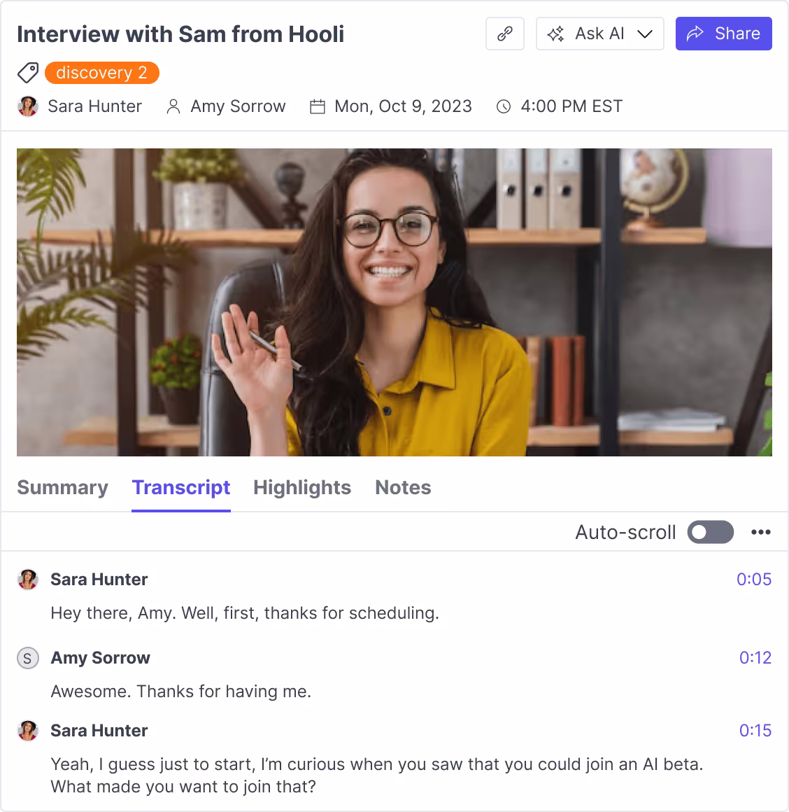 An interview session in Great Question with its recording, tags, and live transcript