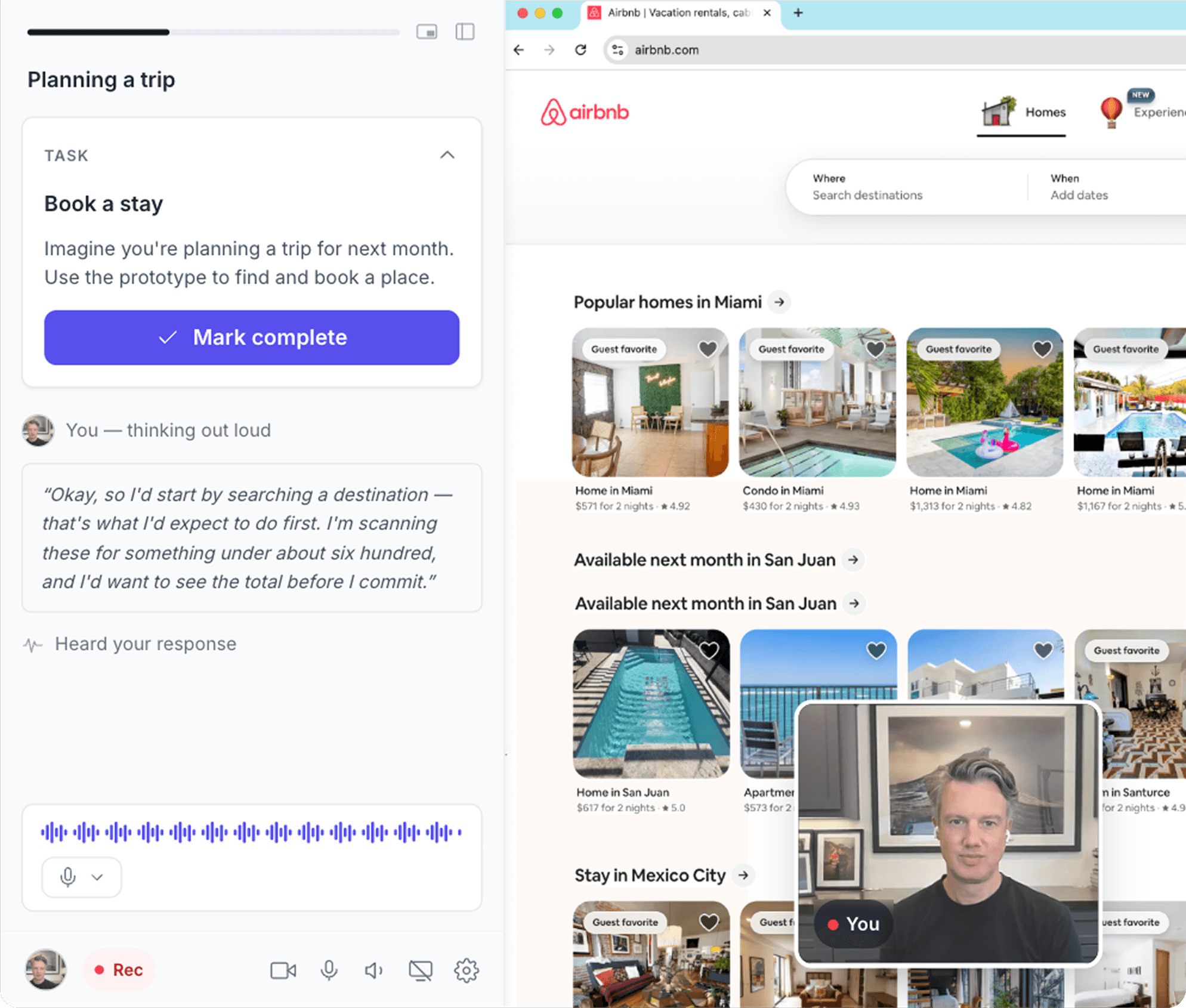 An agentic AI-moderated prototype test: the task panel and think-aloud transcript beside a participant testing a travel-booking prototype on camera
