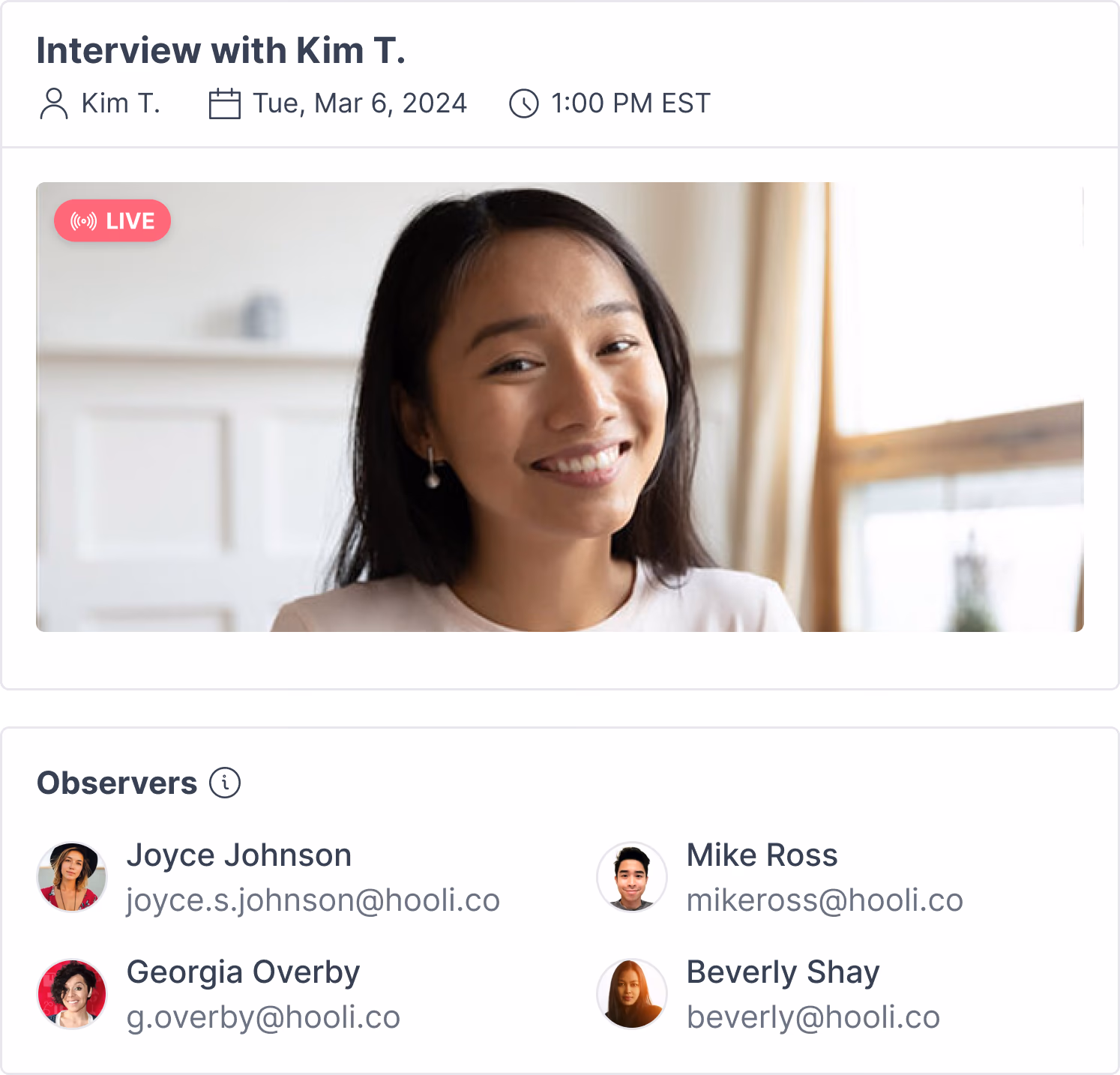 A live interview with Kim T. above its Observers panel listing four teammates watching