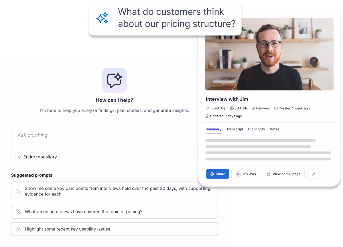 Great Question’s research repository, with Ask AI answering a question across studies