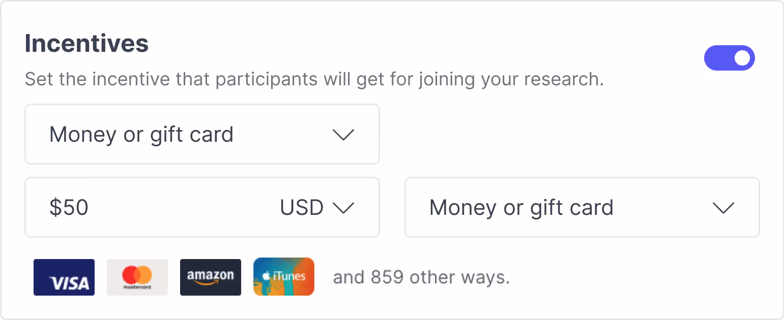 A study's incentive settings set to $50 money or gift card, with Visa, Mastercard, Amazon and iTunes marks and 859 other ways to redeem