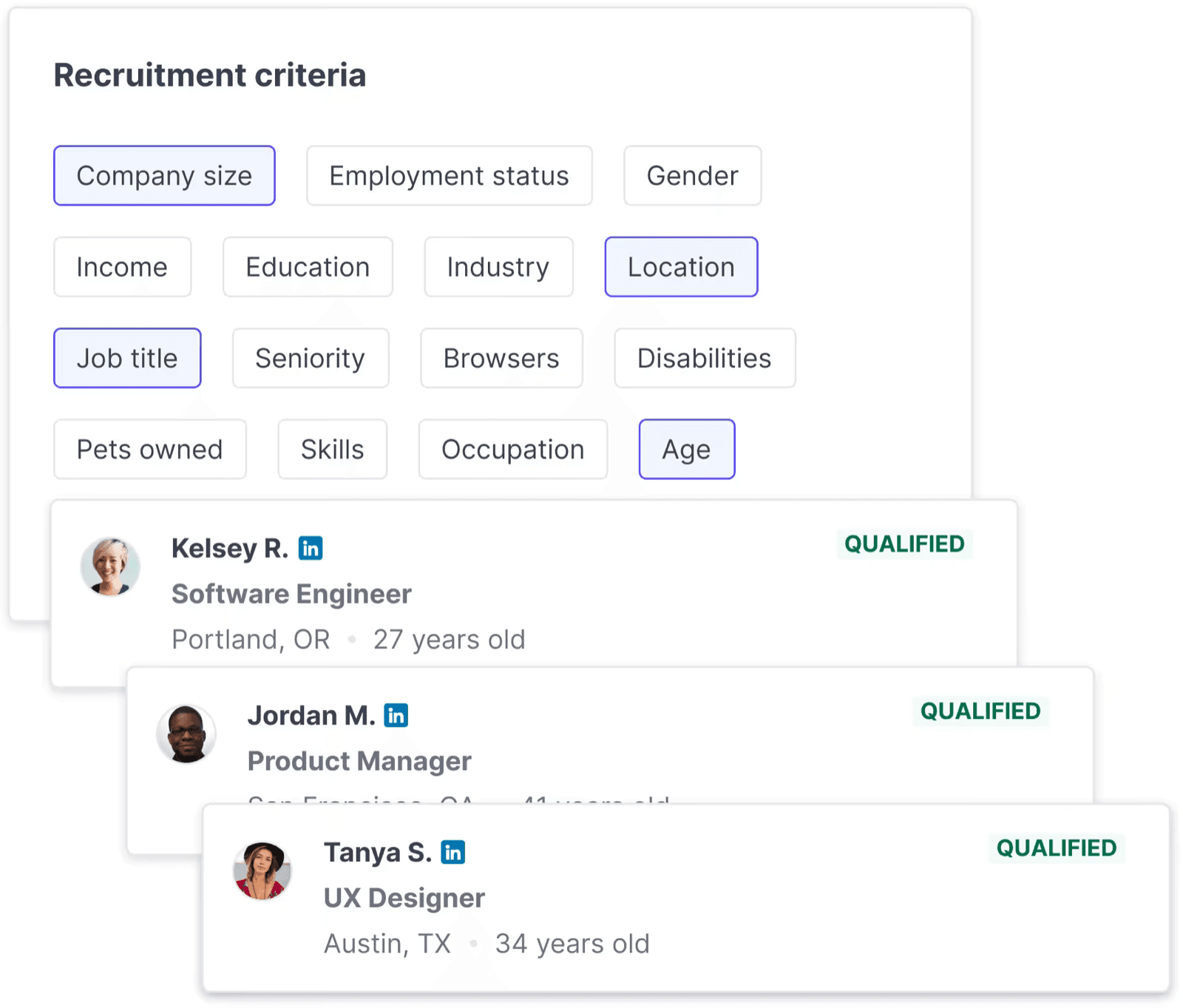 Recruitment criteria filters above qualified candidate cards in Great Question