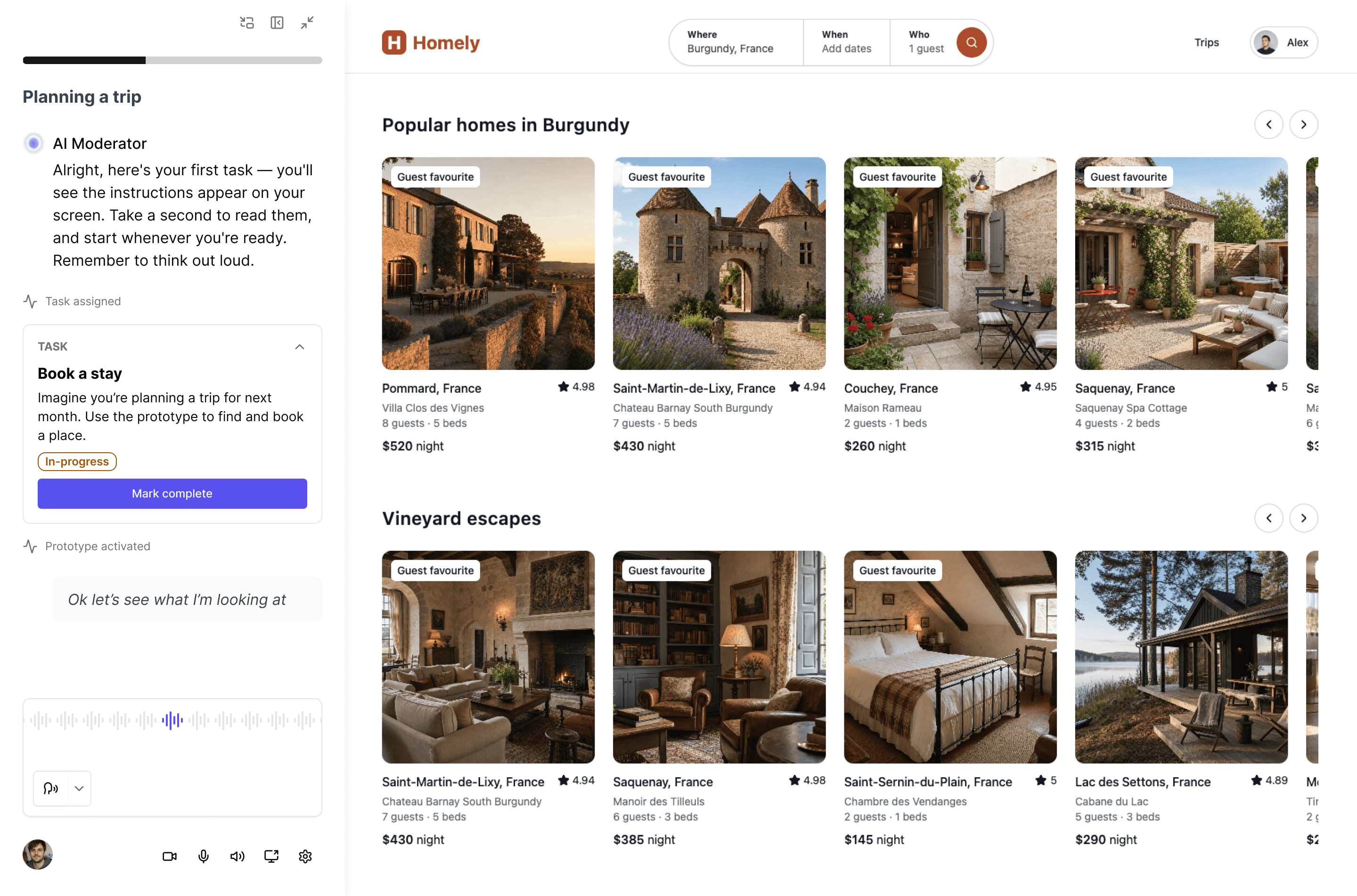 An AI-moderated prototype test: the moderator hands over the 'Book a stay' task while the participant explores the prototype and thinks aloud