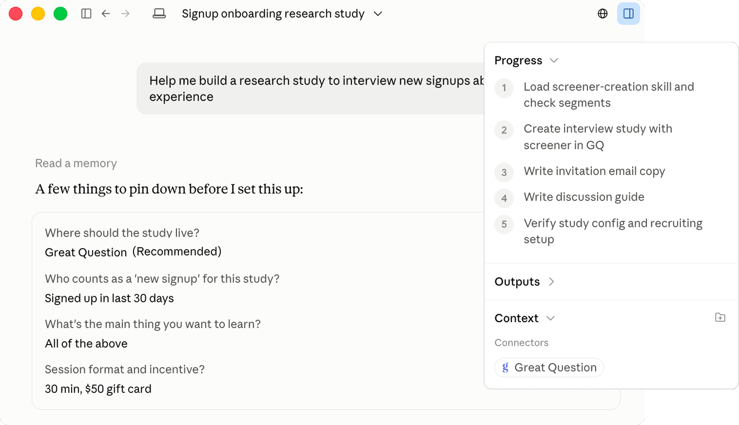 Claude setting up a Great Question study through the MCP connection
