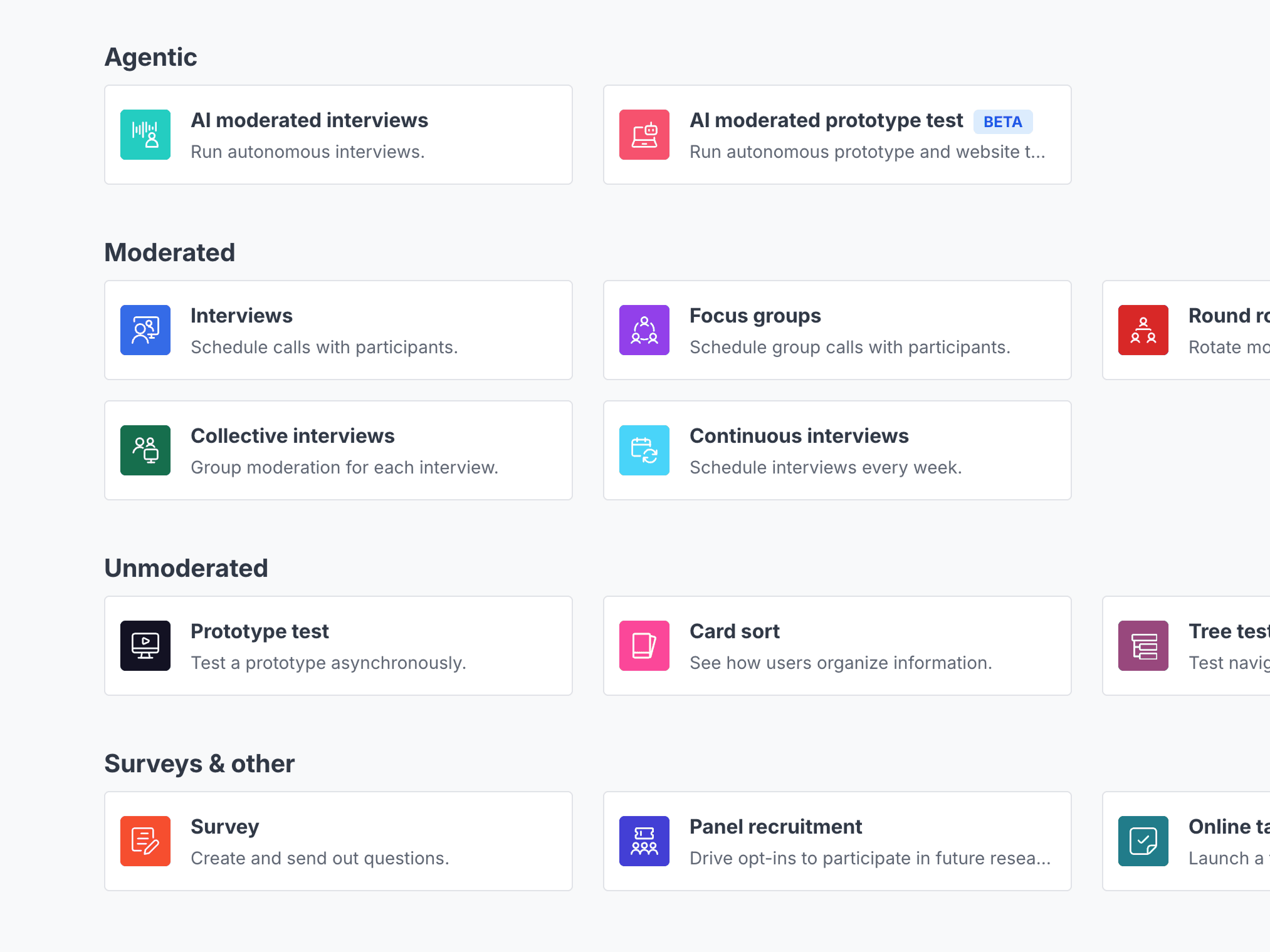 The method picker: agentic, moderated, unmoderated, and survey methods side by side in one study builder