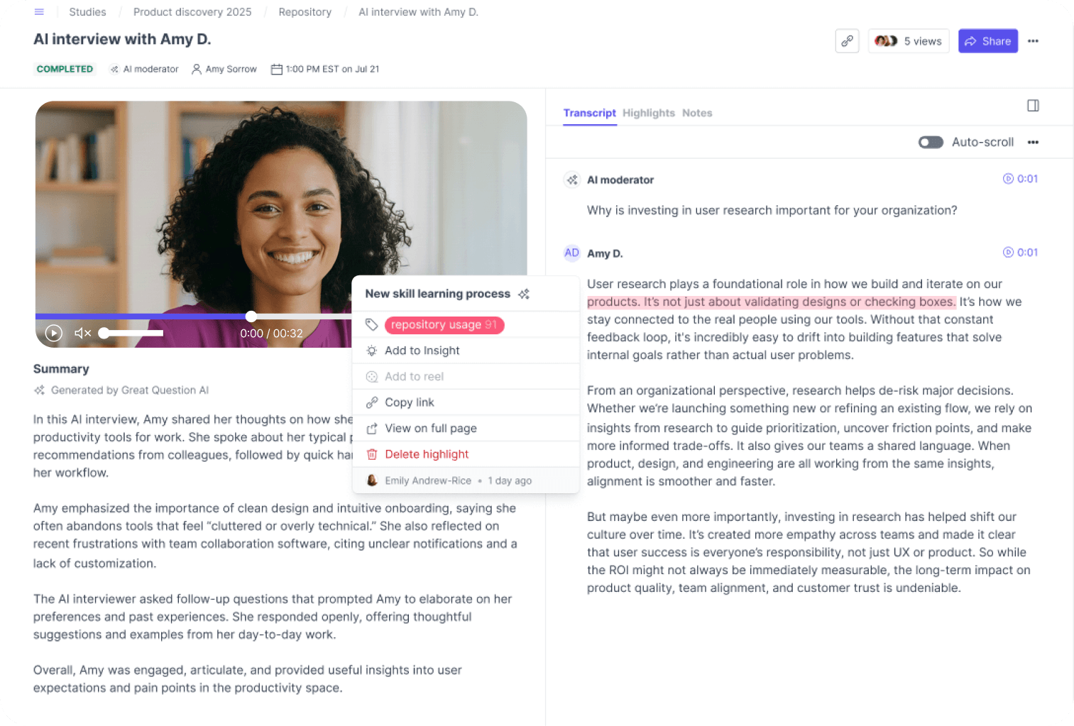 An AI interview with transcript, highlights, and AI summary