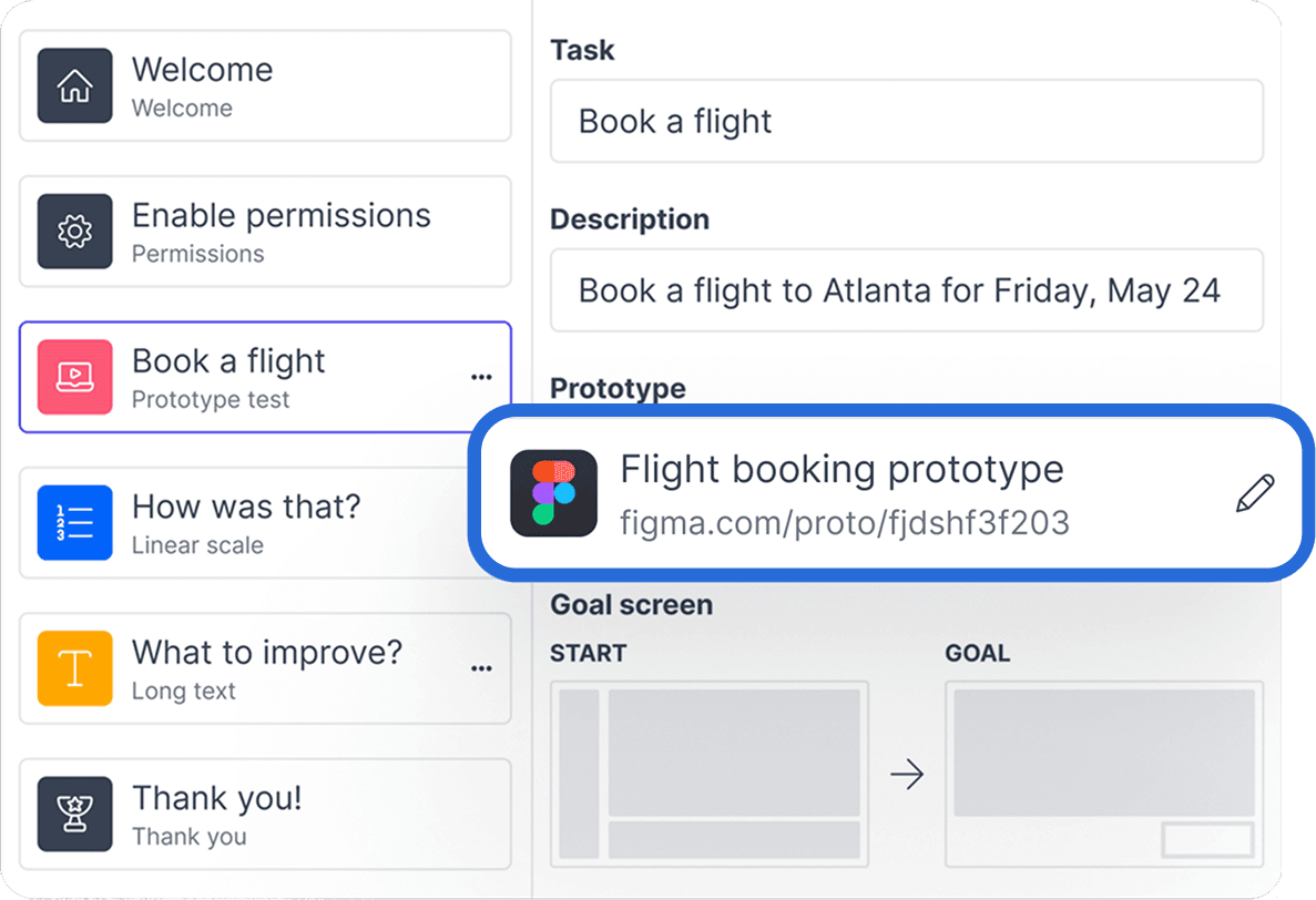 A Figma prototype attached to a study task in Great Question