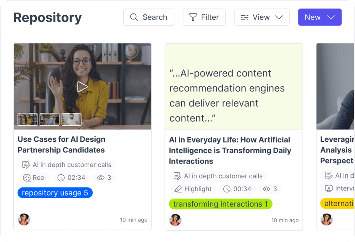 The research repository: interview clips, highlights, and tagged insights in one place