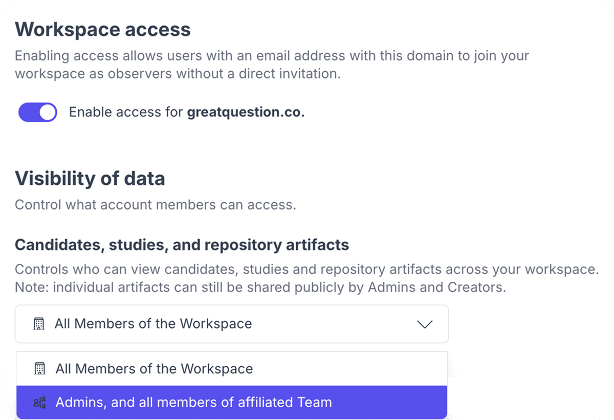 Workspace access and visibility of data settings, with team-affiliated visibility selected