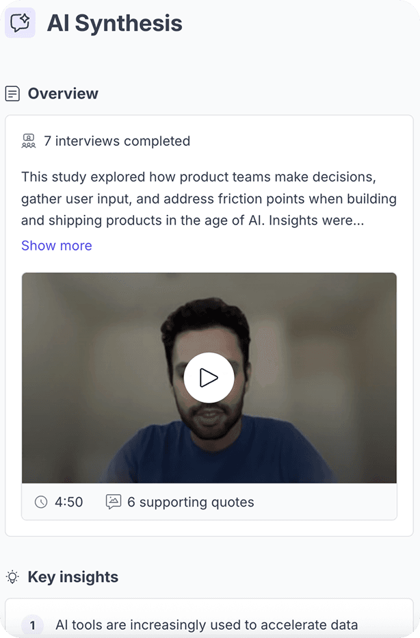 AI synthesis for a study: an overview of seven completed interviews, a clip with six supporting quotes, and the key insights