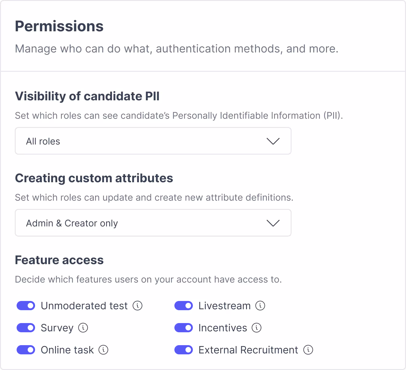 Governance controls in Great Question: PII visibility, custom attributes, and per-account feature access