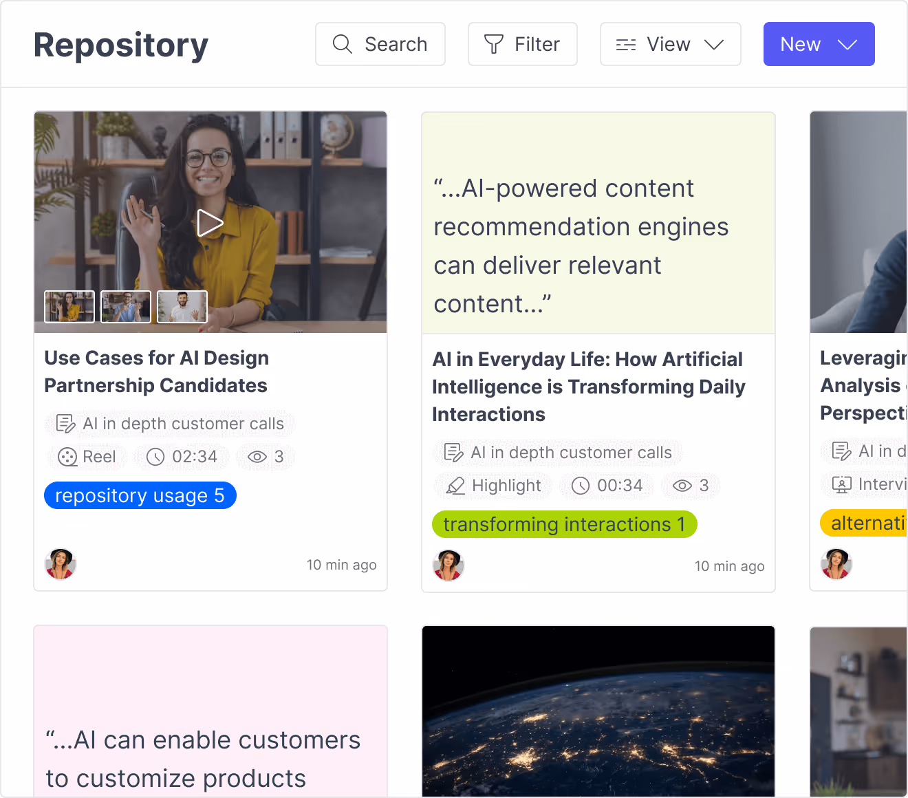 The research repository in Great Question, showing AI-tagged insight cards across studies