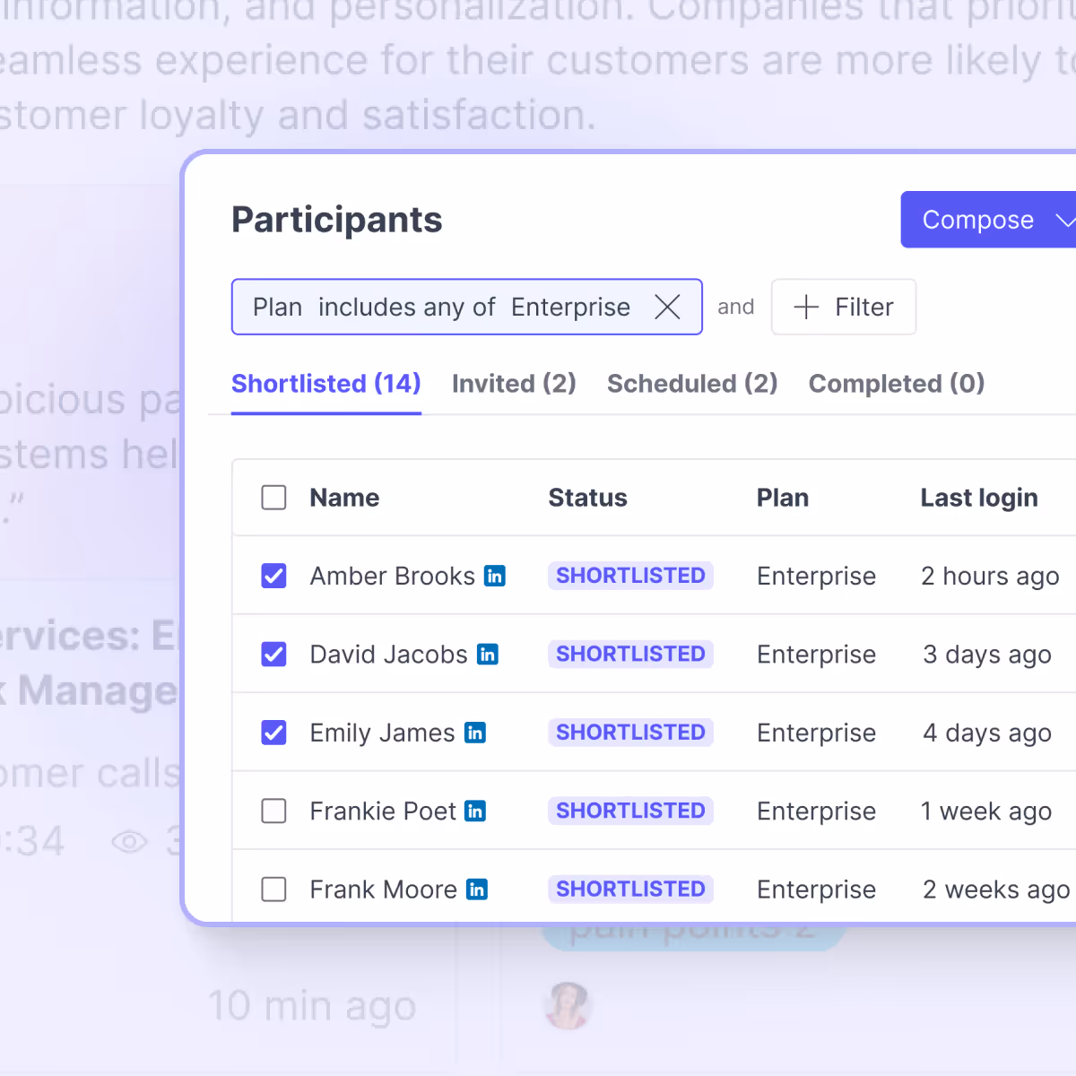 Great Question’s participant list filtered to Enterprise customers, with shortlisted candidates ready to invite