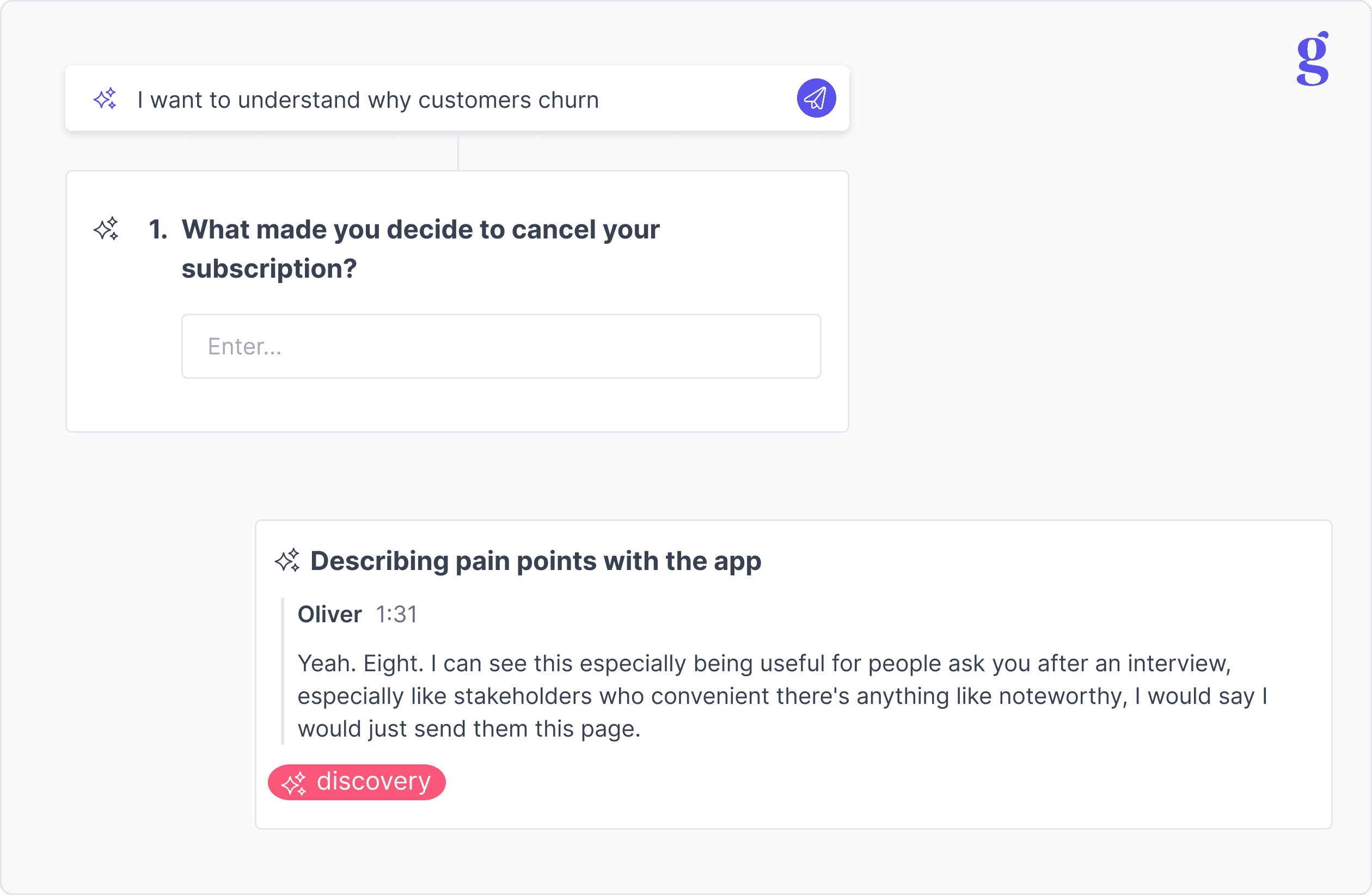 Great Question AI Suggestions surfacing a research goal and follow-up prompts.