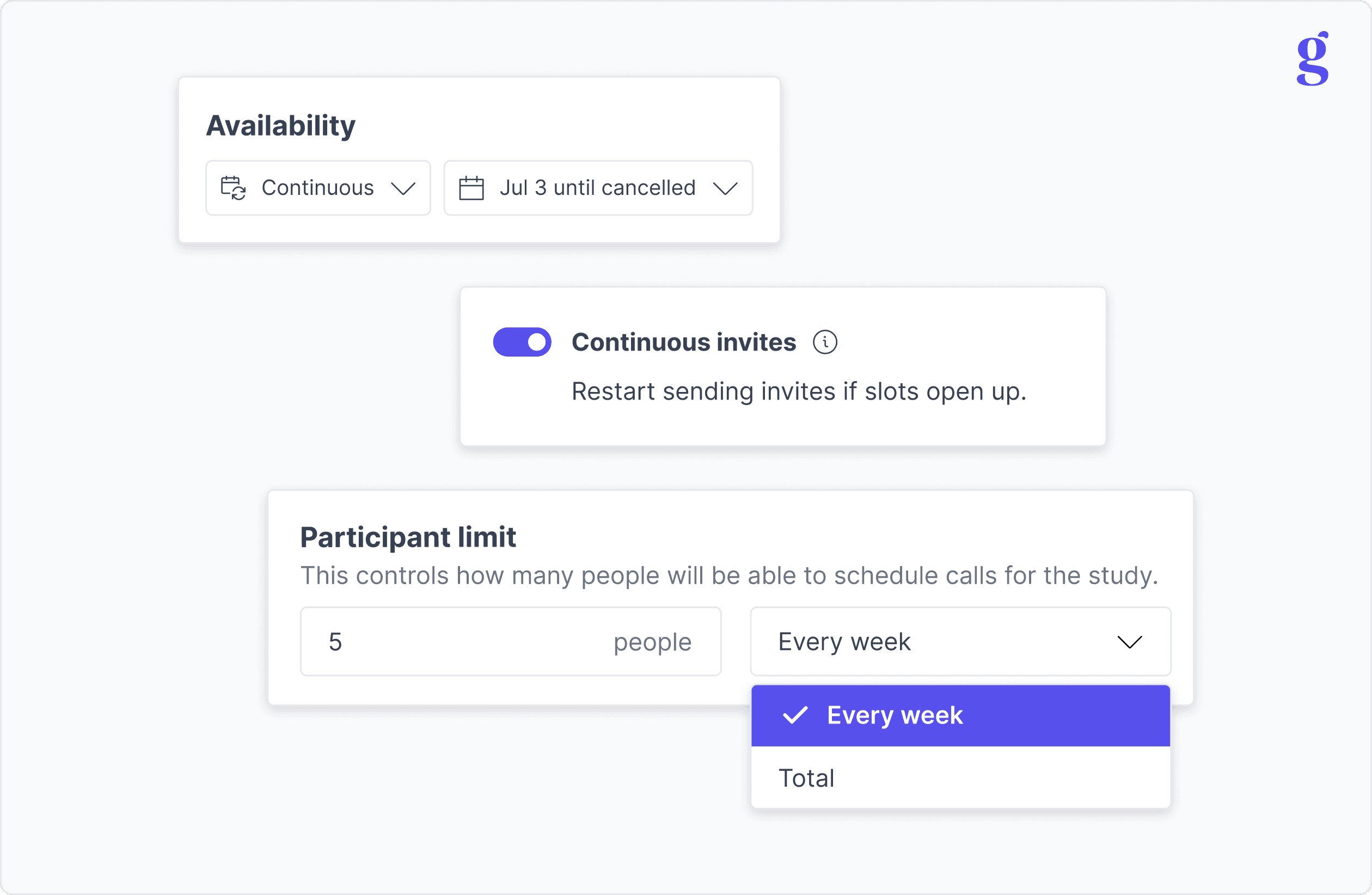 Continuous Availability and Continuous Invites settings in Great Question.
