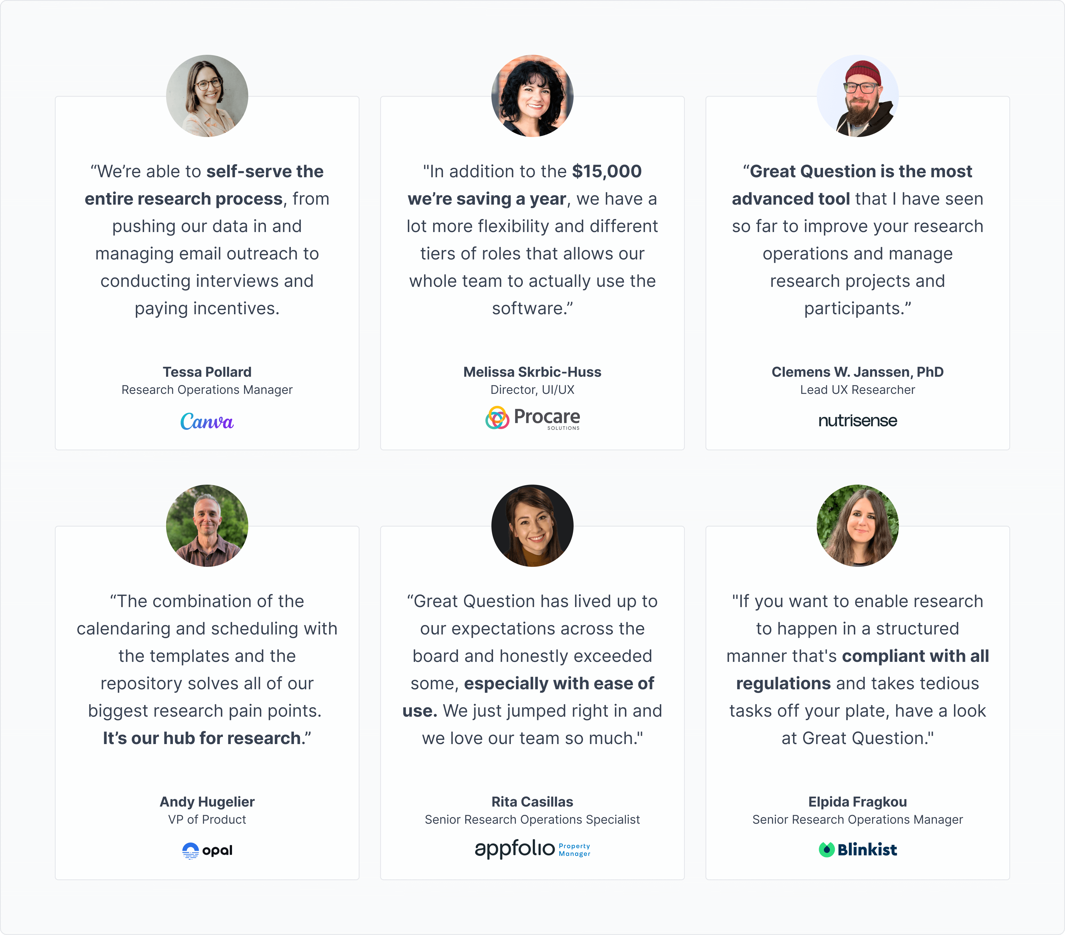 Great Question's Customer Stories hub featuring customers from Canva, Procare Solutions, Opal, Nutrisense, Blinkist, and AppFolio.