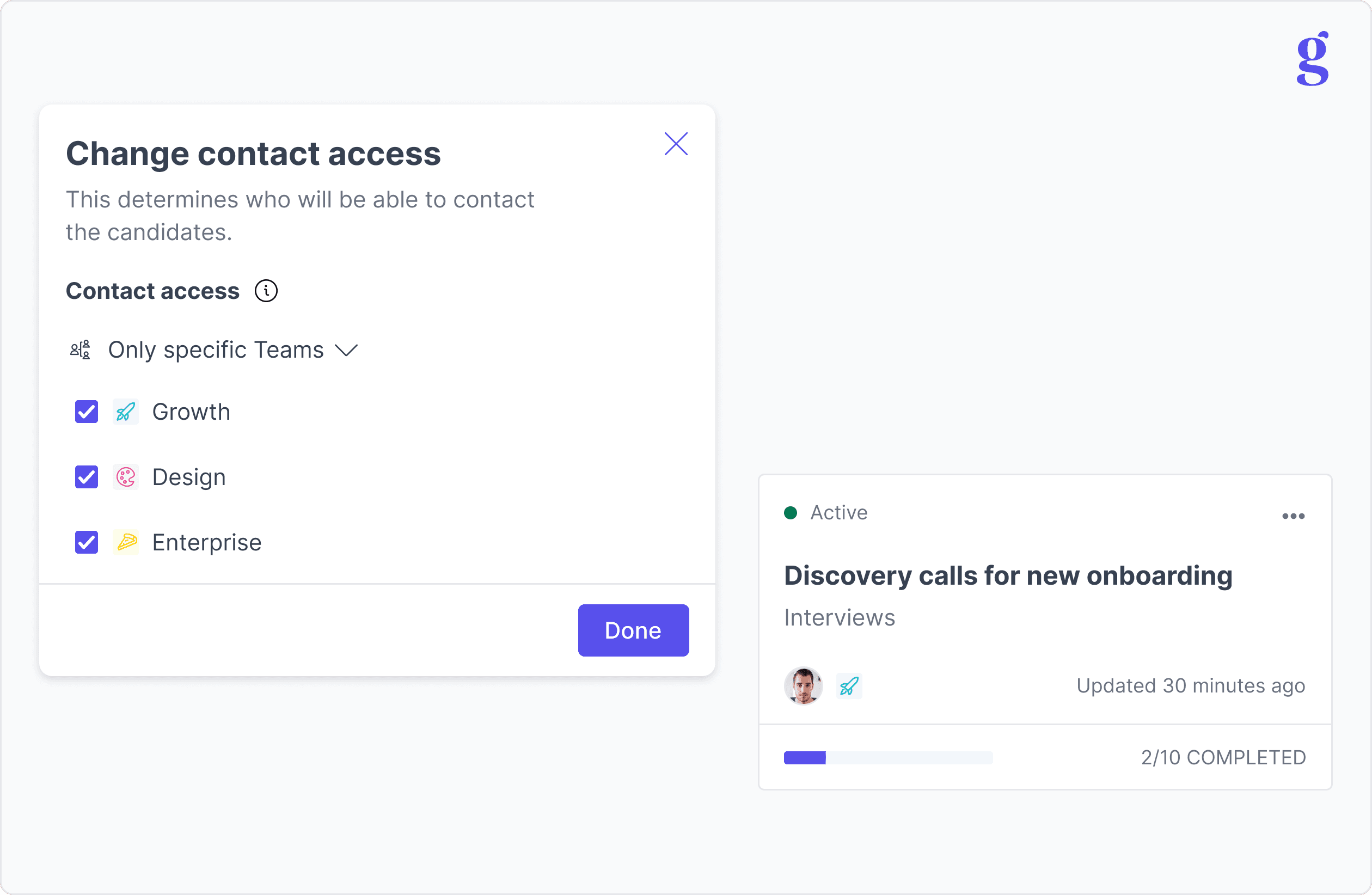 Teams in Great Question with custom branding and dedicated candidate lists.