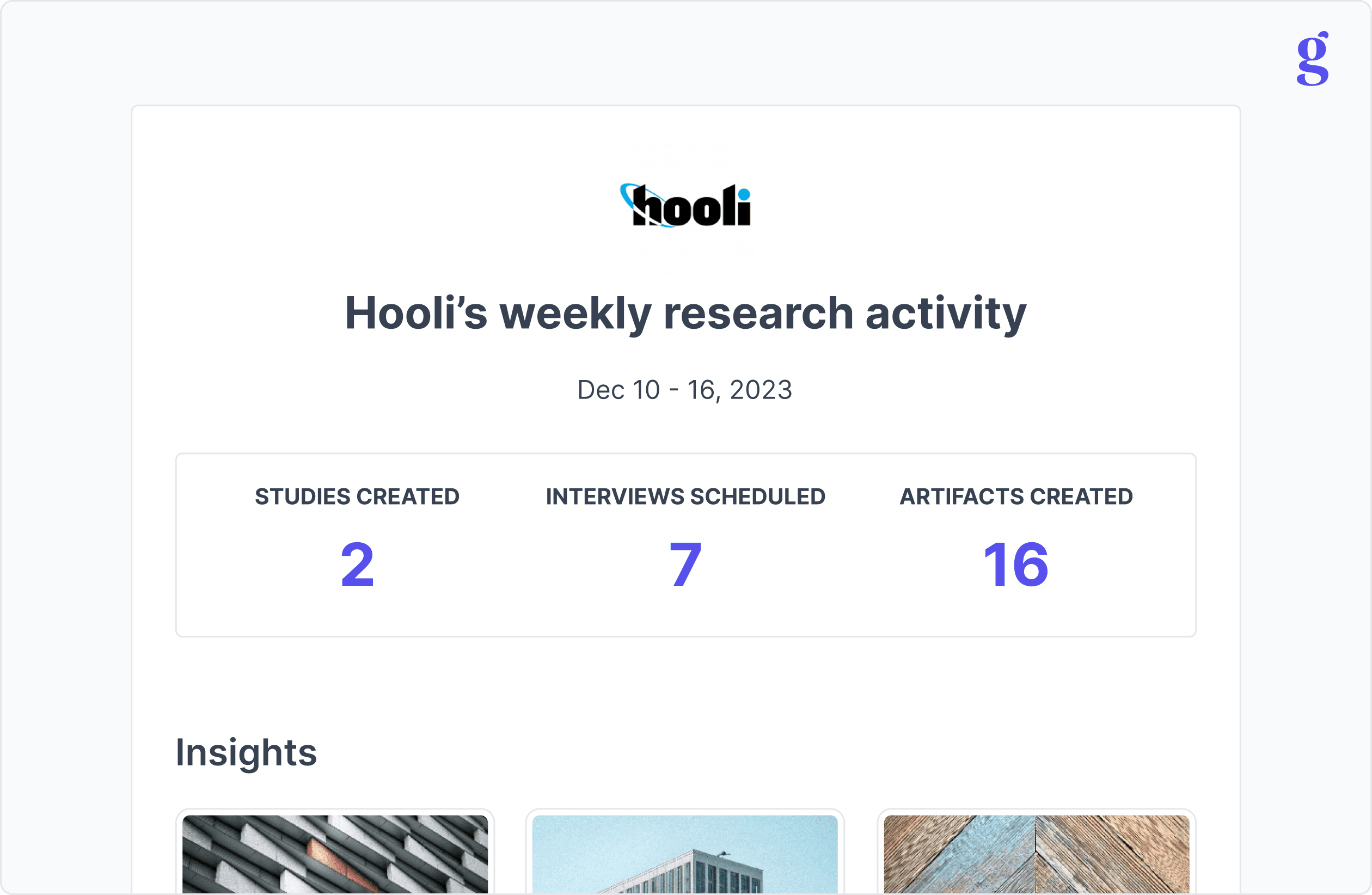 Weekly Digest Email summarizing an account's research activity in Great Question.