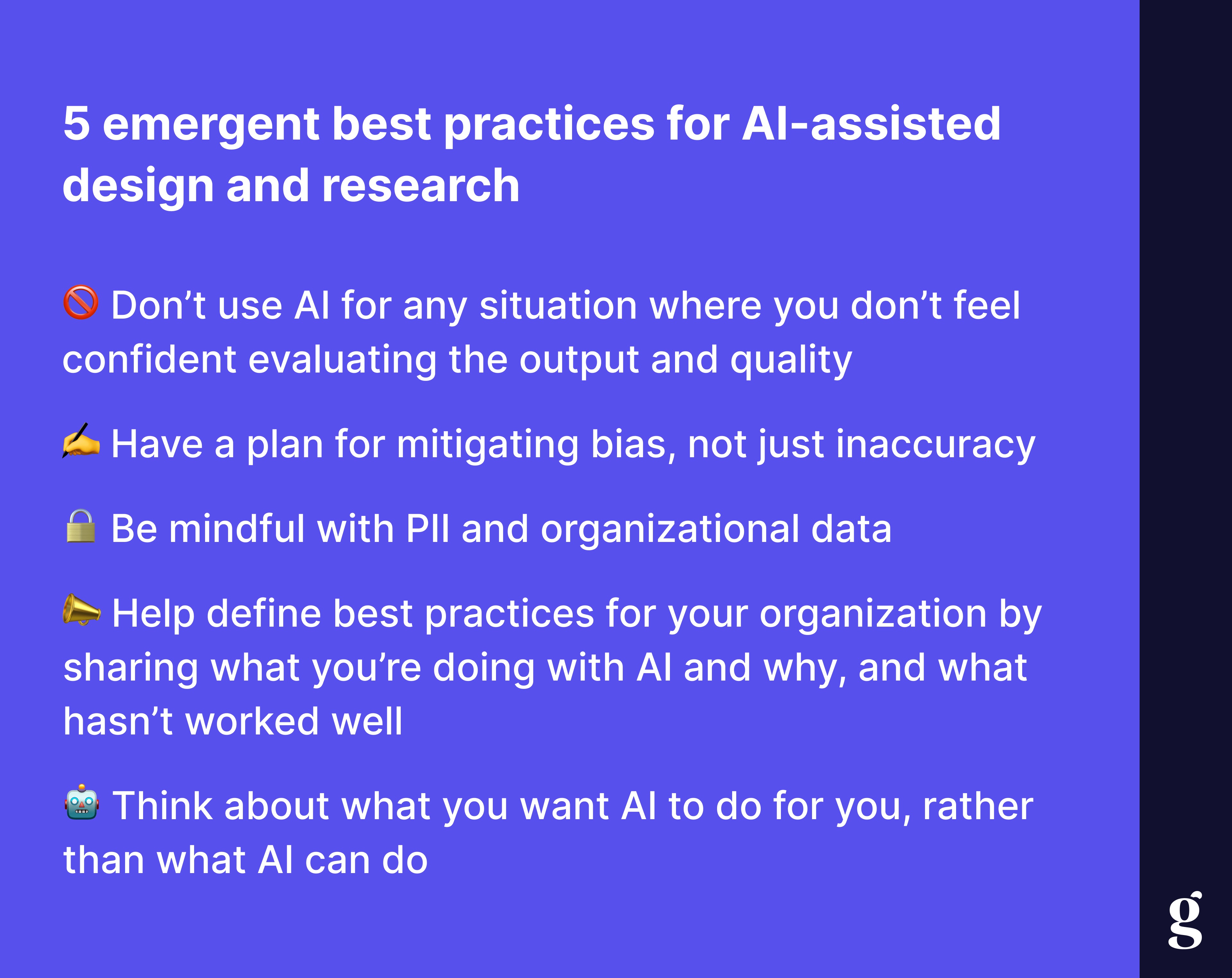 Diagram summarizing five emergent best practices for using AI in design and research