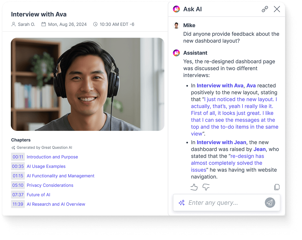 Great Question Ask AI: querying an interview study from a sidebar, with answers cited back to the transcript.