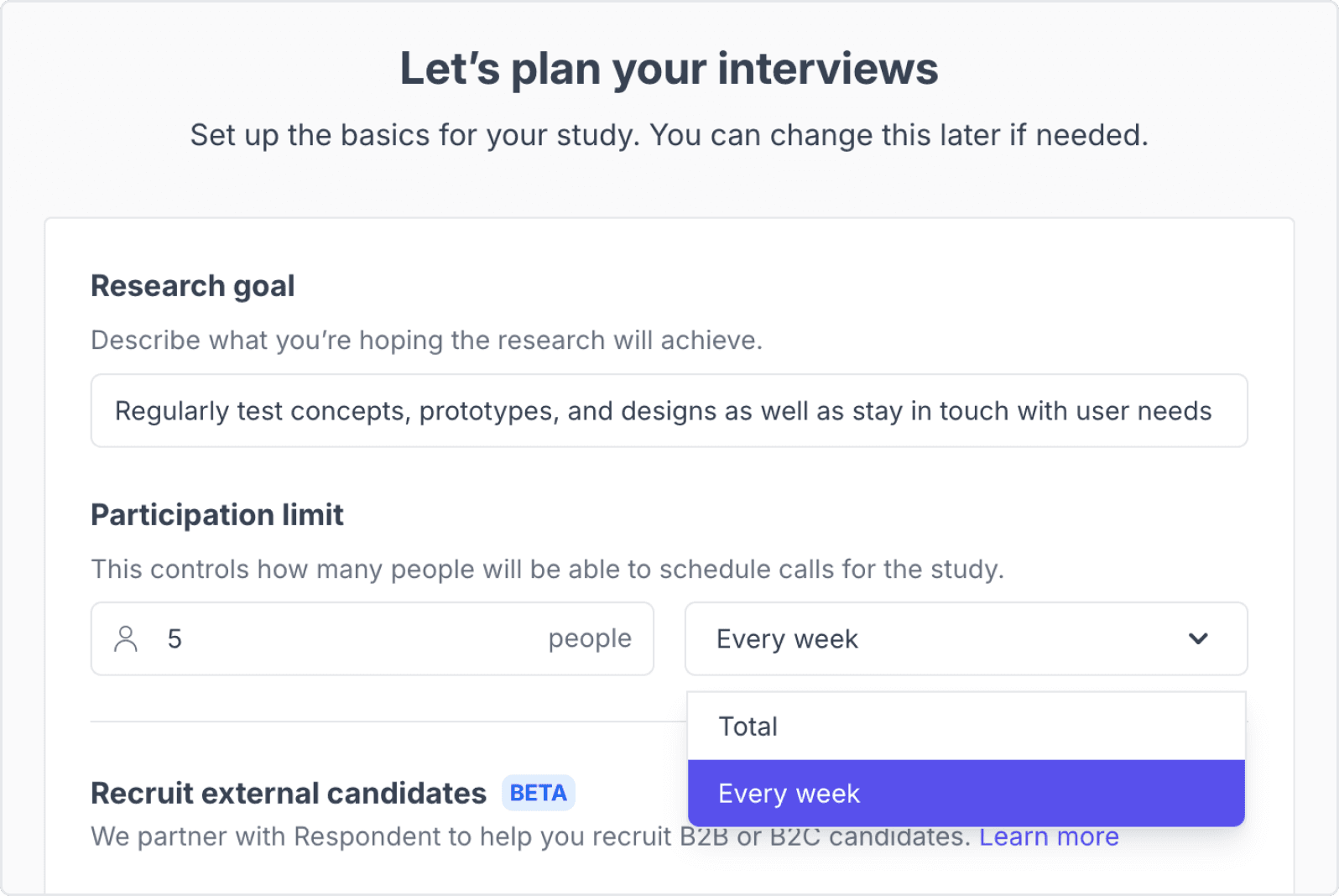 Setting a weekly participation limit of every week in Great Question study settings