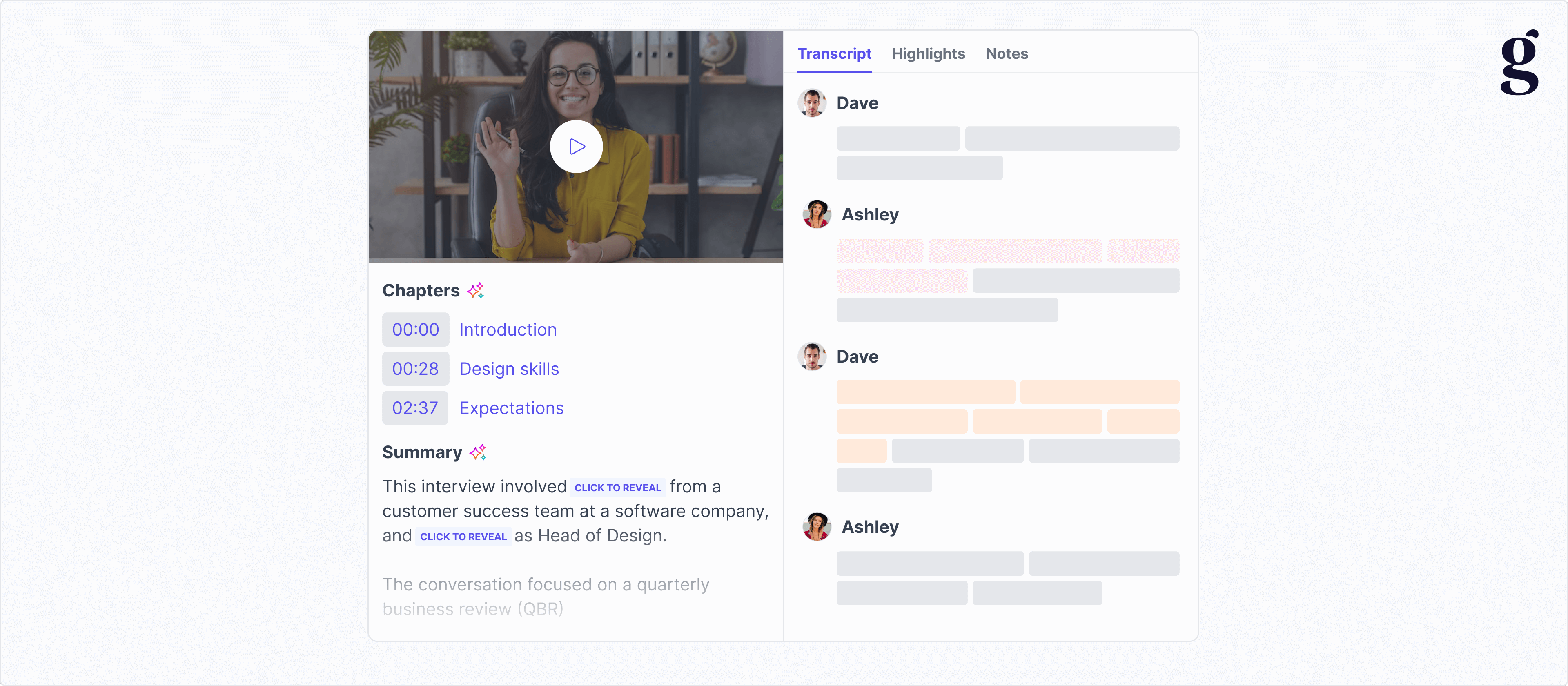 A Great Question interview transcript and AI summary with personally identifiable information hidden behind click-to-reveal tokens