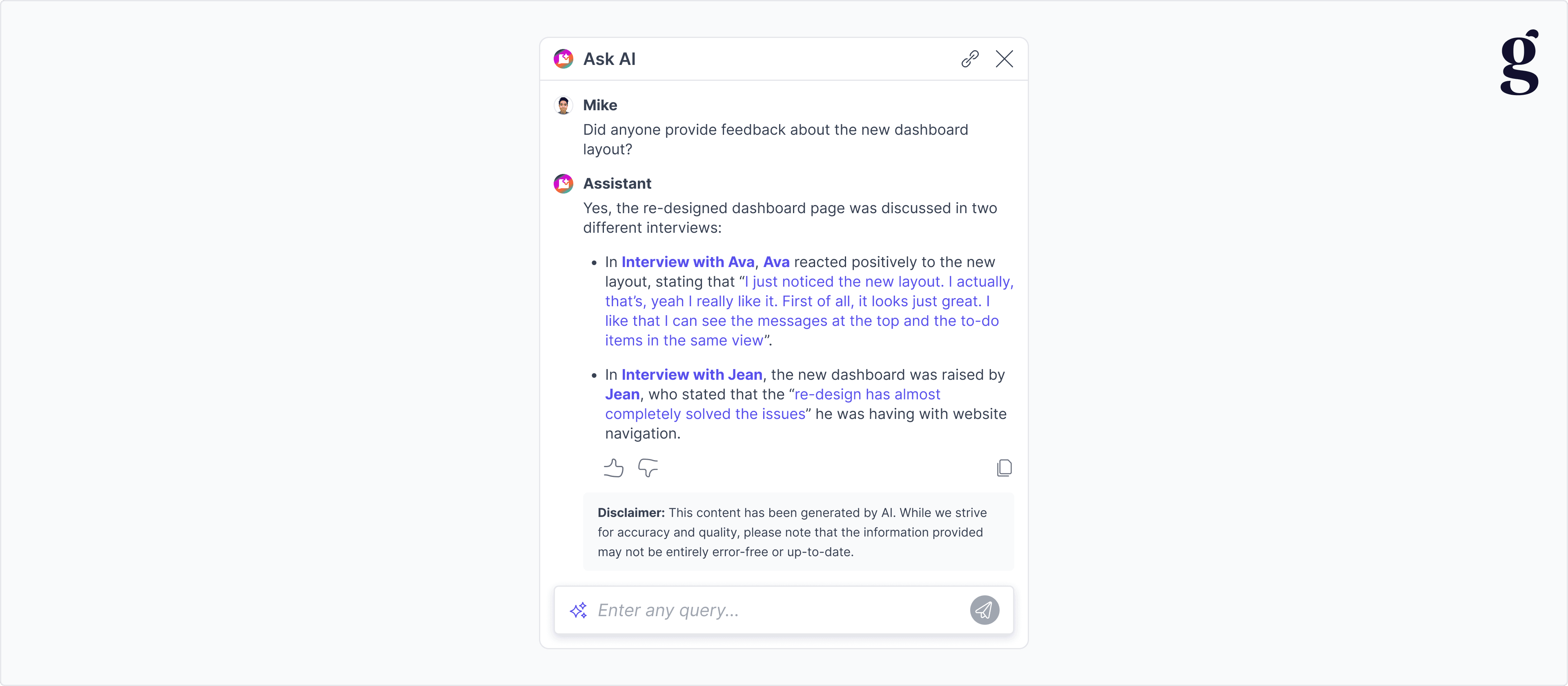 An Ask AI answer in Great Question citing two interviews, with a disclaimer noting the content was generated by AI