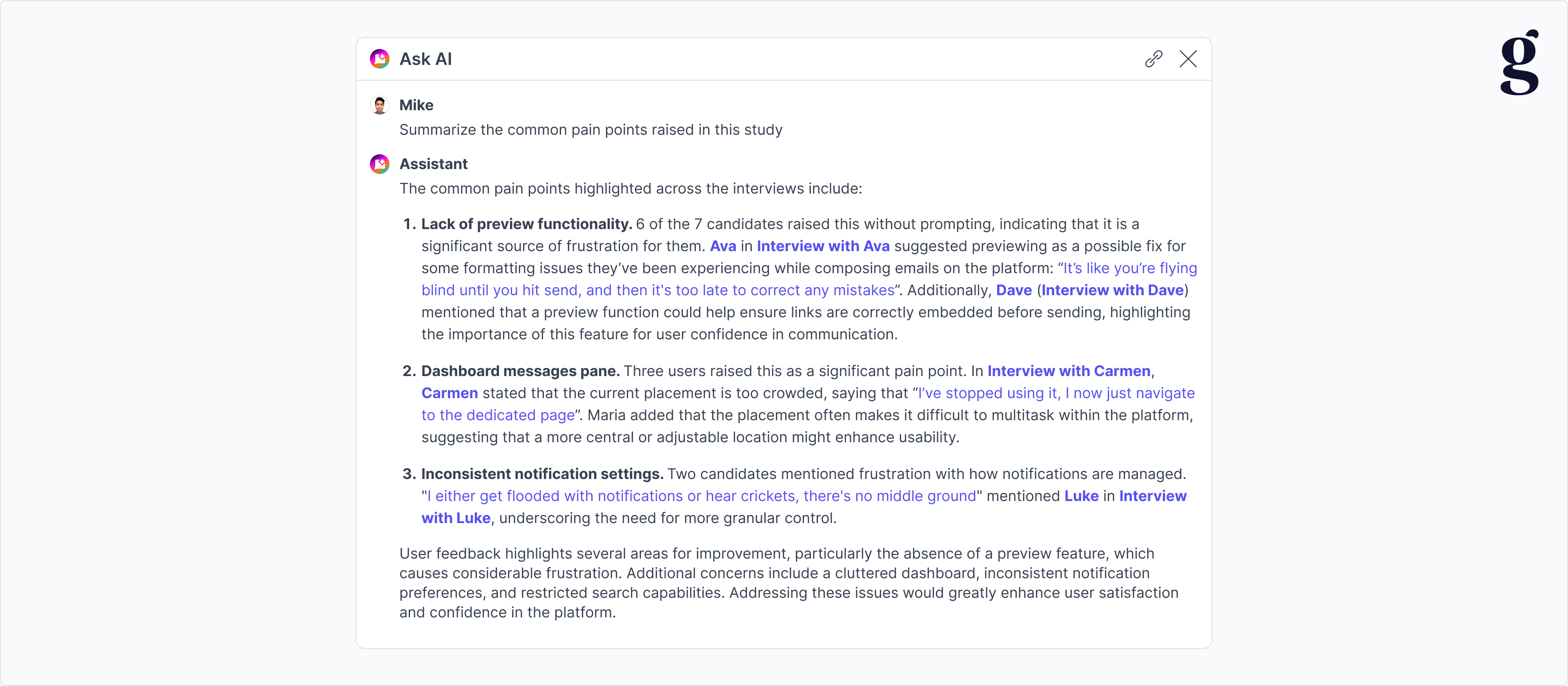 An Ask AI summary of pain points in Great Question, each claim linked back to the interview and participant it came from