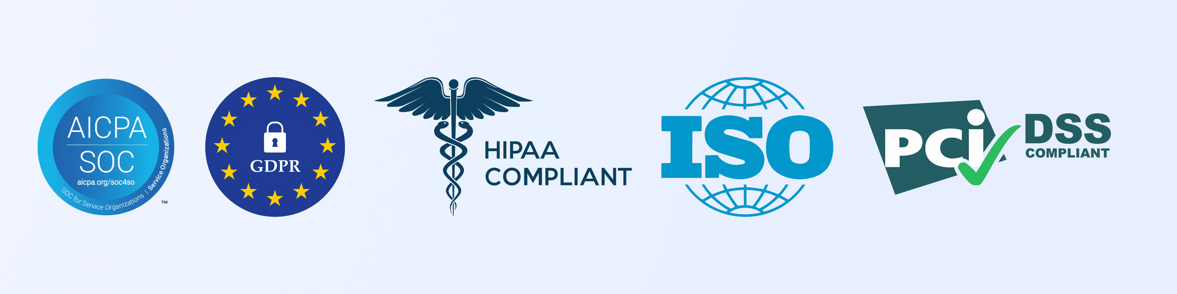 Compliance badges in a row: AICPA SOC, GDPR, HIPAA compliant, ISO, and PCI DSS compliant