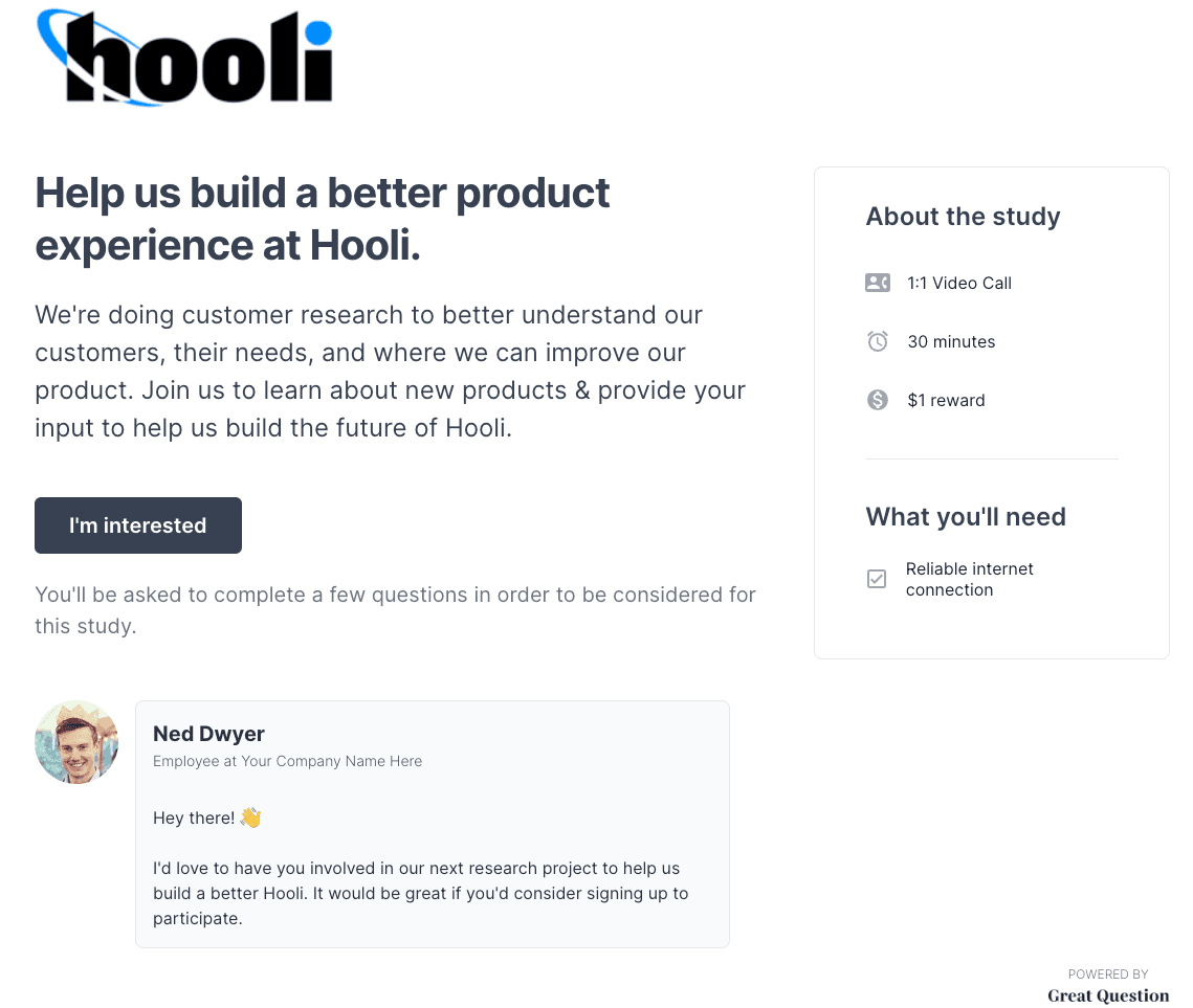 Branded research recruitment pages in Great Question