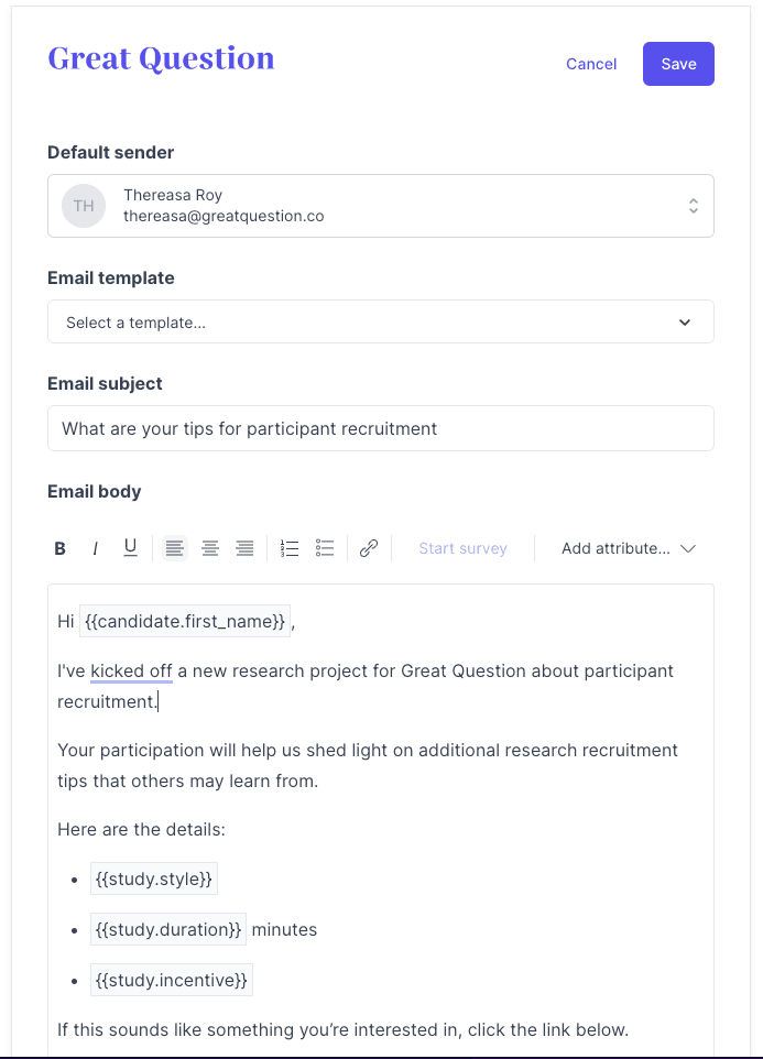 Great Question email composer showing a participant invite with personalization tokens like candidate first name and study style, duration, and incentive