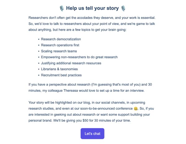 A Great Question customer newsletter inviting customers to join the research panel
