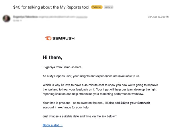 A recruitment email from SEMRush offering a research participant an incentive