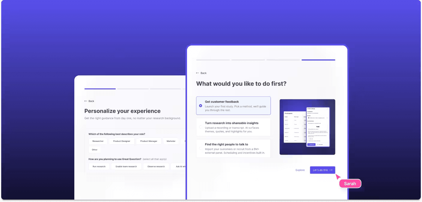 The redesigned Great Question signup flow, guiding a new user through workspace entry, team selection, and integrations